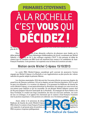 illustration de PRG La Rochelle : la motion des radicaux de gauche du Cercle Michel Crpeau  en faveur du candidat P.S Jean-Franois Fountaine