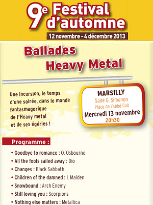 illustration de Festival d'automne La Rochelle Agglo : Ballades heavy metal  Marsilly, mercredi 13 novembre 2013