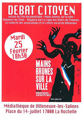 illustration de La Rochelle : Mains brunes sur la ville, projection-dbat  Villeneuve-les-Salines, mardi 25 fvrier 2014