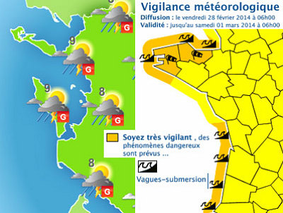 illustration de Charente-Maritime : risque de submersion, alerte mto de vigilance orange, vendredi 28 fvrier 2014
