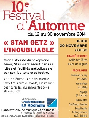 illustration de Agglo de La Rochelle  : hommage à Stan Getz, concert gratuit jeudi 20 novembre 2014 à Thairé d'Aunis