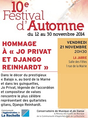 illustration de Agglo de La Rochelle : jazz manouche en hommage à Jo Privat et Django Reinhardt à La Jarrie, vendredi 21 novembre 2014