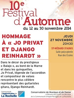 illustration de Agglo de La Rochelle : jazz manouche, concert gratuit à Saint-Médard d'Aunis, jeudi 27 novembre 2014
