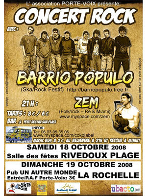 Photo : Concert Barrio Populo et Zem sam. 18  Rivedoux et dim. 19 octobre  La Rochelle